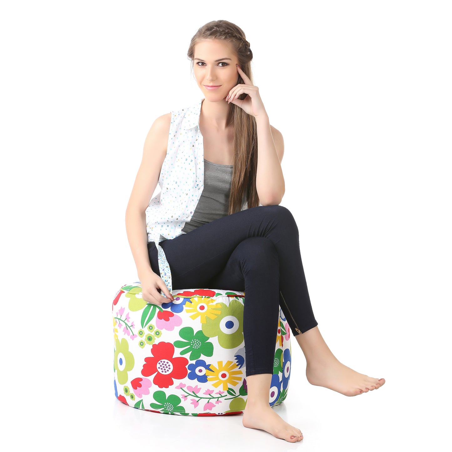 Style Homez Round Ottoman, Cotton Canvas Eloral Printed Bean Bag Stool Large Size Filled with Beans, Multi Color