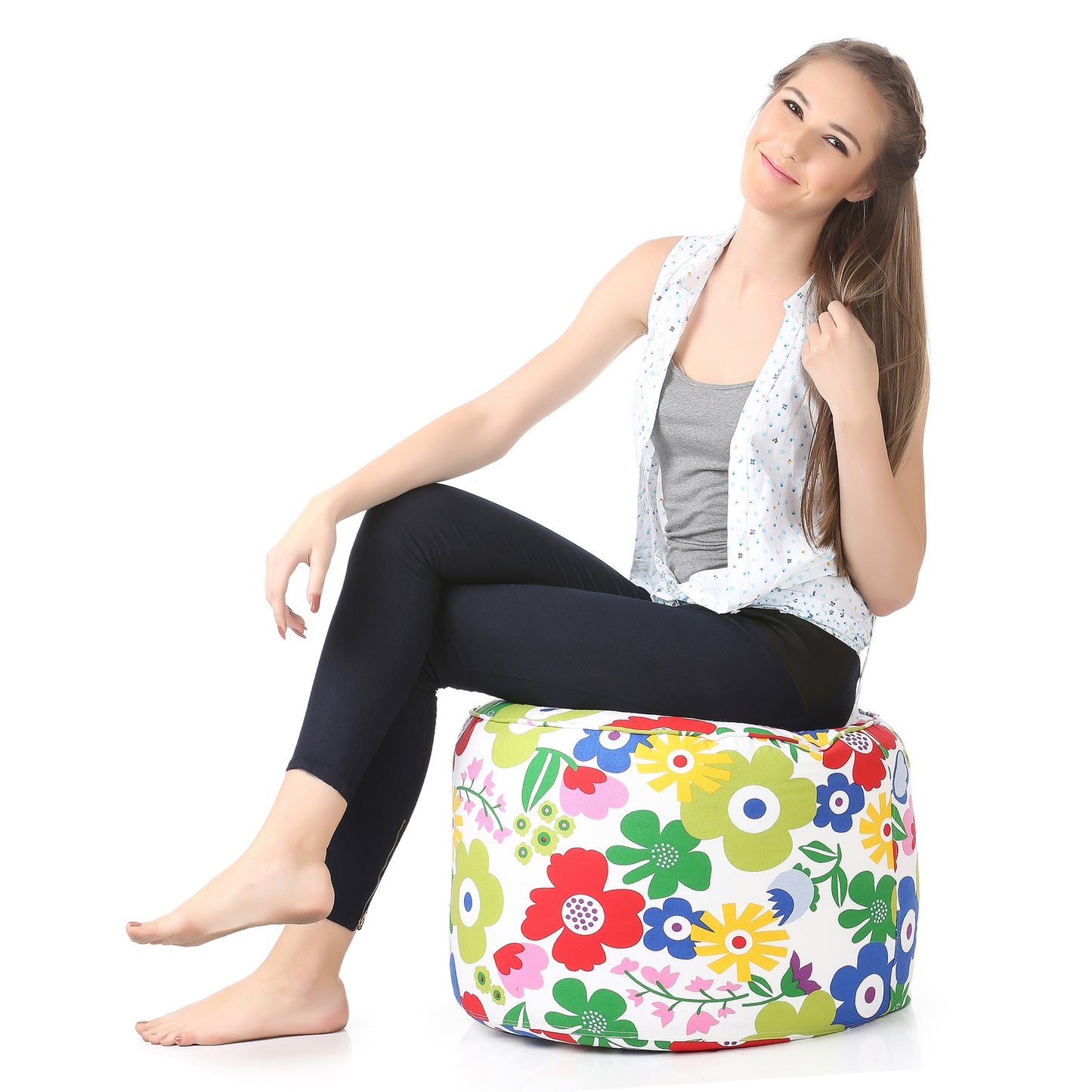 Style Homez Round Ottoman, Cotton Canvas Eloral Printed Bean Bag Stool Large Size Filled with Beans, Multi Color