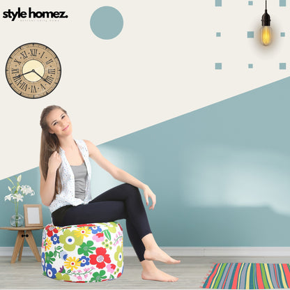Style Homez Round Ottoman, Cotton Canvas Eloral Printed Bean Bag Stool Large Size Filled with Beans, Multi Color