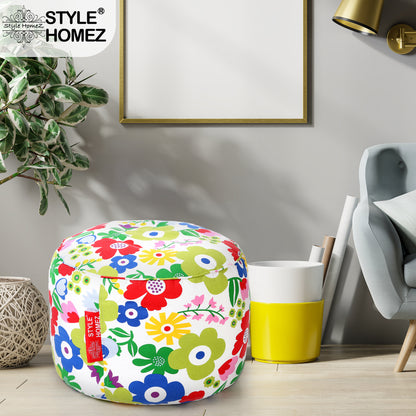 Style Homez Round Ottoman, Cotton Canvas Eloral Printed Bean Bag Stool Large Size Filled with Beans, Multi Color