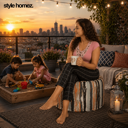 Style Homez Round Ottoman, Cotton Canvas Stripes Printed Bean Bag Stool Large Size Filled with Beans, Multi Color