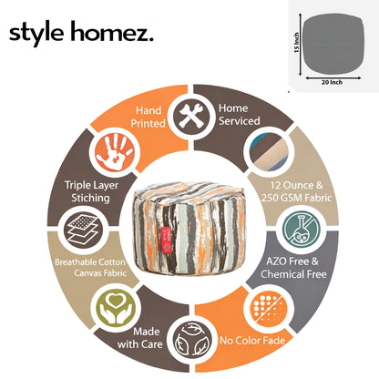 Style Homez Round Ottoman, Cotton Canvas Stripes Printed Bean Bag Stool Large Size Filled with Beans, Multi Color