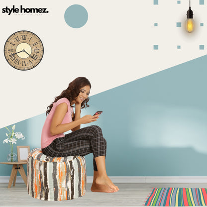 Style Homez Round Ottoman, Cotton Canvas Stripes Printed Bean Bag Stool Large Size Filled with Beans, Multi Color