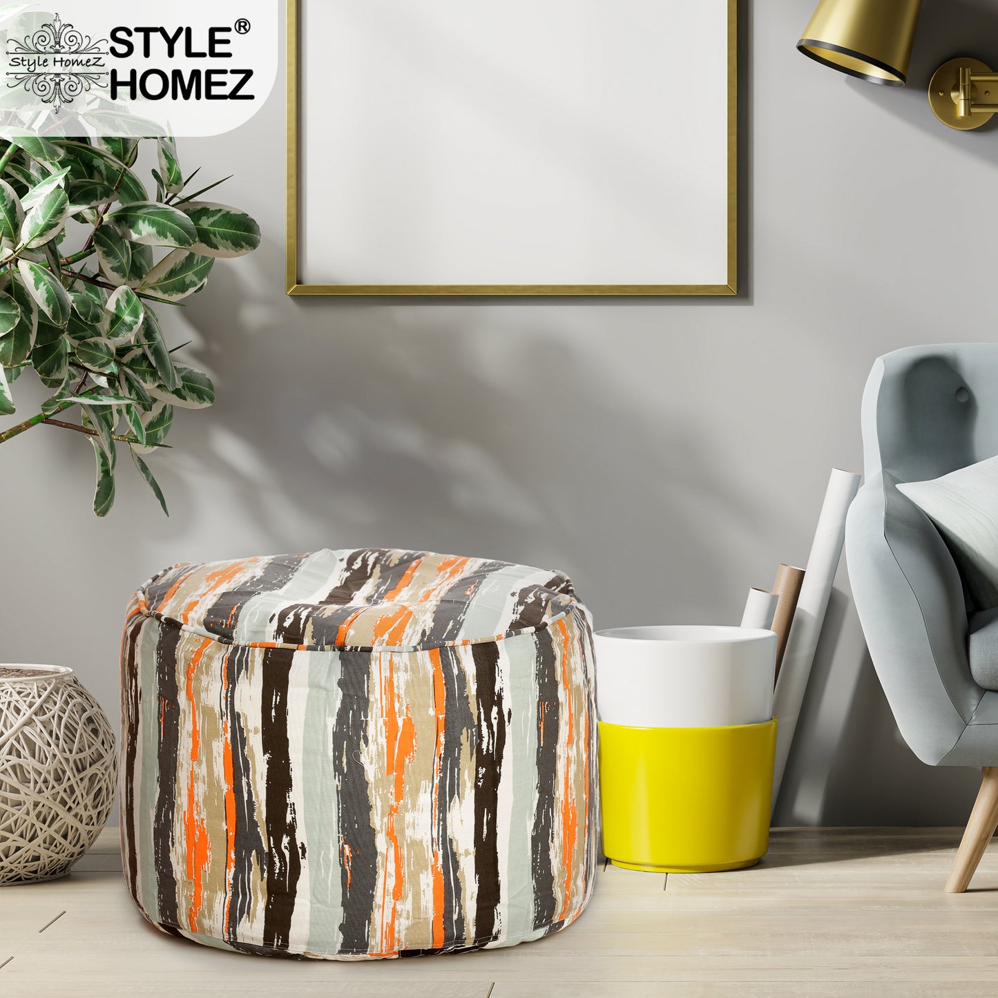 Style Homez Round Ottoman, Cotton Canvas Stripes Printed Bean Bag Stool Large Size Filled with Beans, Multi Color
