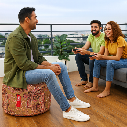 Style Homez Round Ottoman, Cotton Canvas Paisley Printed Bean Bag Stool Large Size Filled with Beans Fillers, Multi Color