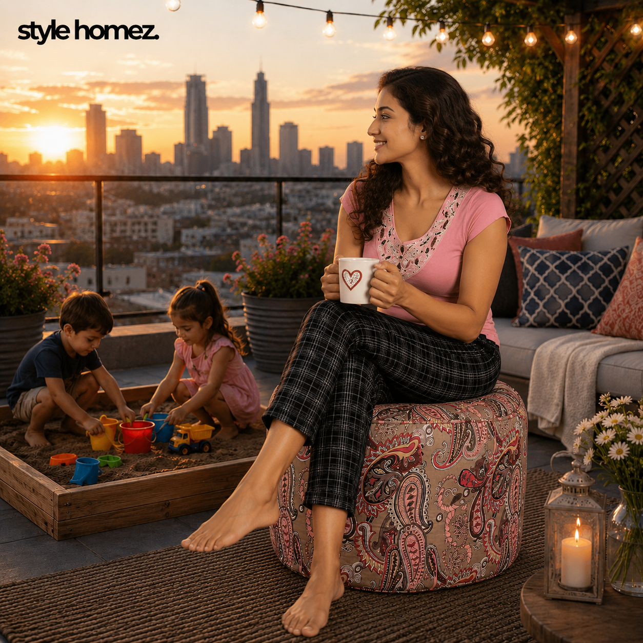 Style Homez Round Ottoman, Cotton Canvas Paisley Printed Bean Bag Stool Large Size Filled with Beans Fillers, Multi Color