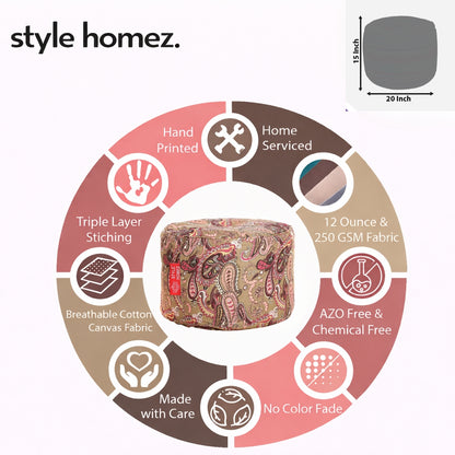 Style Homez Round Ottoman, Cotton Canvas Paisley Printed Bean Bag Stool Large Size Filled with Beans Fillers, Multi Color