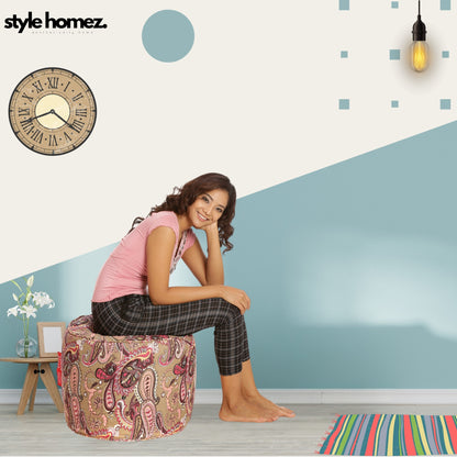 Style Homez Round Ottoman, Cotton Canvas Paisley Printed Bean Bag Stool Large Size Filled with Beans Fillers, Multi Color