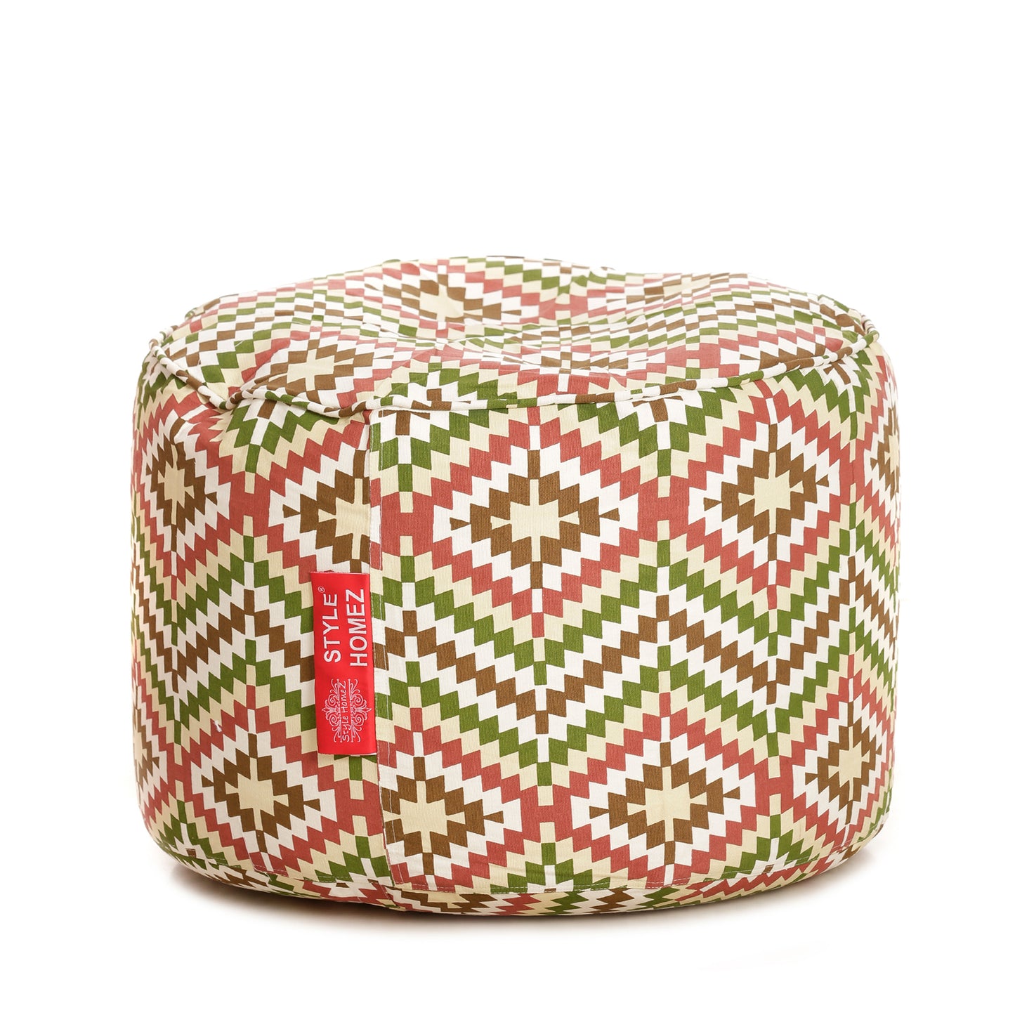 Style Homez Round Ottoman, Cotton Canvas IKAT Printed Bean Bag Stool Large Size Filled with Beans Fillers, Multi Color