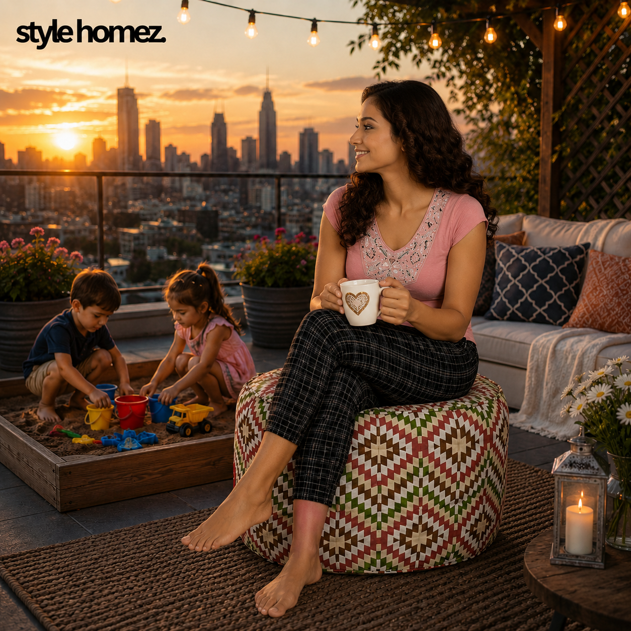 Style Homez Round Ottoman, Cotton Canvas IKAT Printed Bean Bag Stool Large Size Filled with Beans Fillers, Multi Color