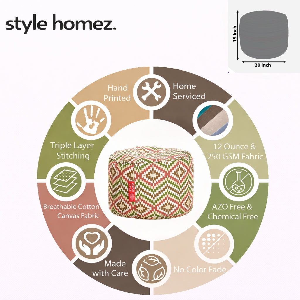Style Homez Round Ottoman, Cotton Canvas IKAT Printed Bean Bag Stool Large Size Filled with Beans Fillers, Multi Color