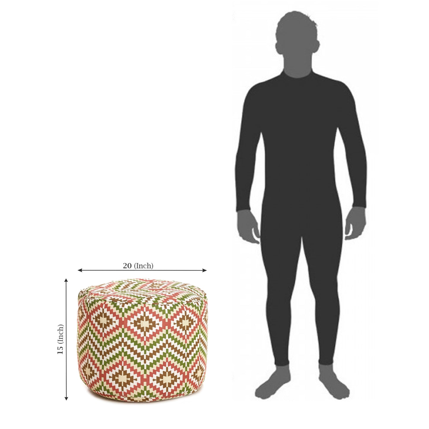 Style Homez Round Ottoman, Cotton Canvas IKAT Printed Bean Bag Stool Large Size Filled with Beans Fillers, Multi Color