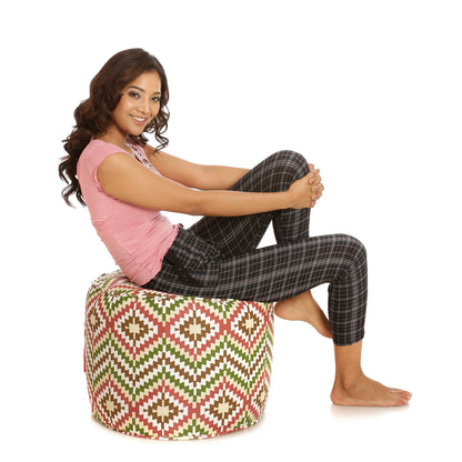 Style Homez Round Ottoman, Cotton Canvas IKAT Printed Bean Bag Stool Large Size Filled with Beans Fillers, Multi Color