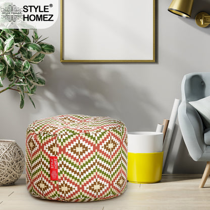 Style Homez Round Ottoman, Cotton Canvas IKAT Printed Bean Bag Stool Large Size Filled with Beans Fillers, Multi Color