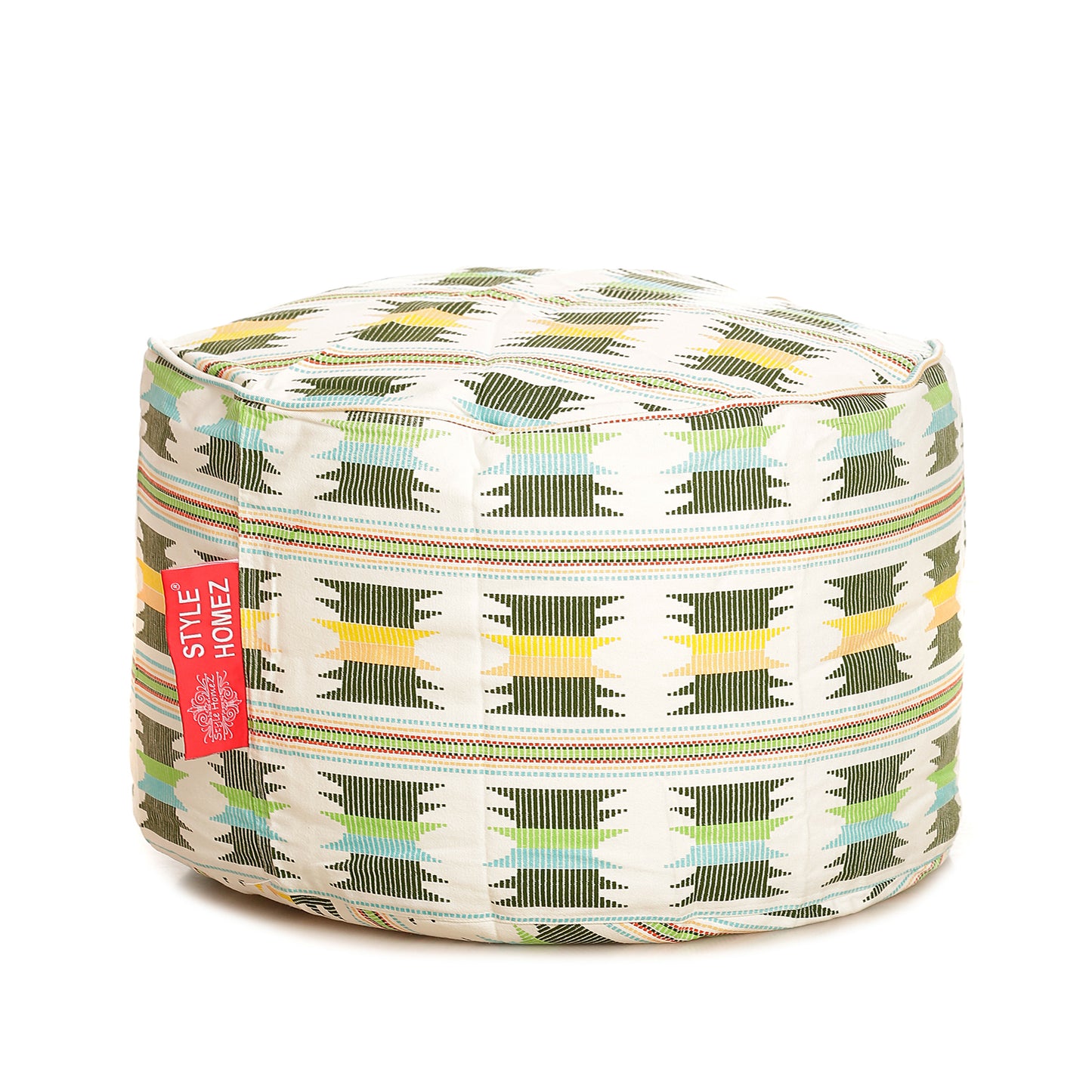 Style Homez Round Ottoman, Cotton Canvas IKAT Printed Bean Bag Stool Large Size Filled with Beans Fillers, Green Yellow Color
