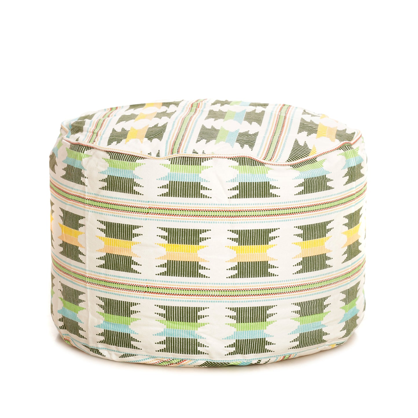 Style Homez Round Ottoman, Cotton Canvas IKAT Printed Bean Bag Stool Large Size Filled with Beans Fillers, Green Yellow Color