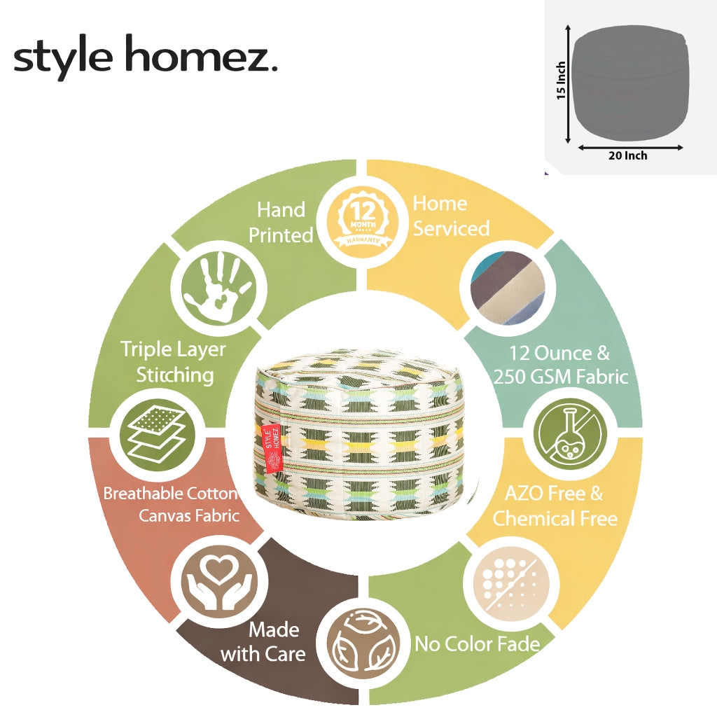 Style Homez Round Ottoman, Cotton Canvas IKAT Printed Bean Bag Stool Large Size Filled with Beans Fillers, Green Yellow Color
