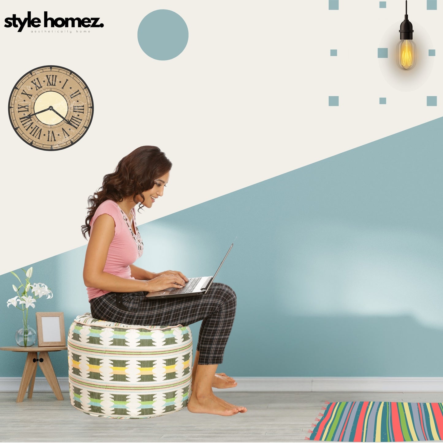 Style Homez Round Ottoman, Cotton Canvas IKAT Printed Bean Bag Stool Large Size Filled with Beans Fillers, Green Yellow Color