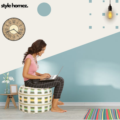 Style Homez Round Ottoman, Cotton Canvas IKAT Printed Bean Bag Stool Large Size Filled with Beans Fillers, Green Yellow Color