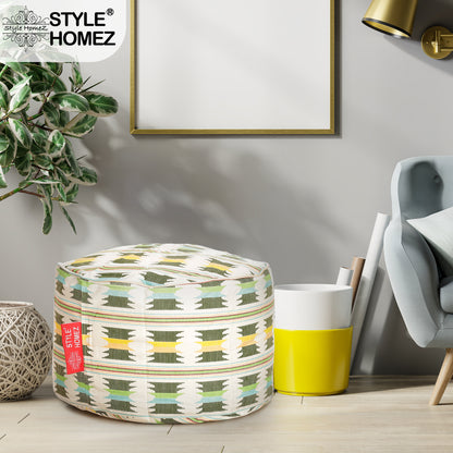Style Homez Round Ottoman, Cotton Canvas IKAT Printed Bean Bag Stool Large Size Filled with Beans Fillers, Green Yellow Color