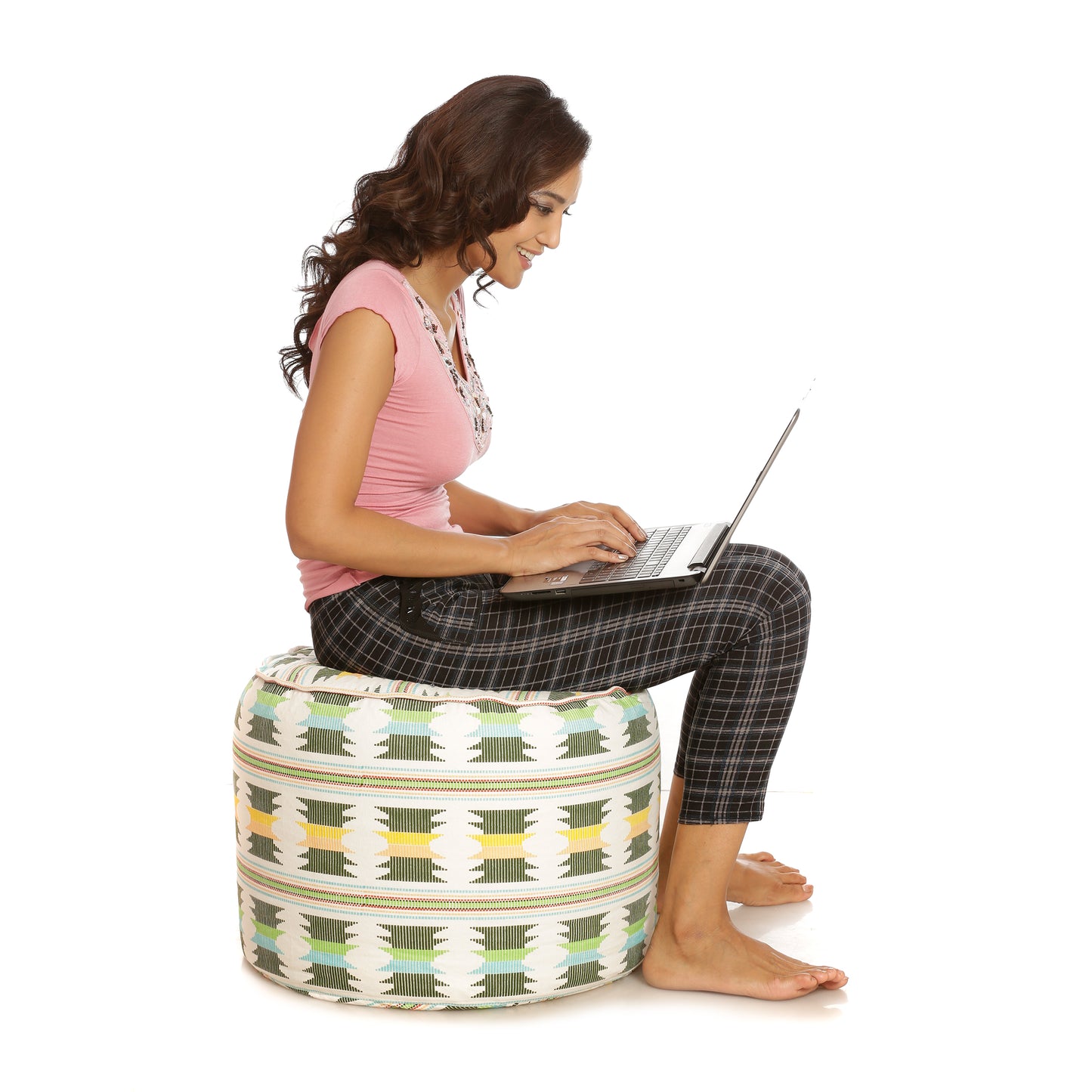 Style Homez Round Ottoman, Cotton Canvas IKAT Printed Bean Bag Stool Large Size Filled with Beans Fillers, Green Yellow Color