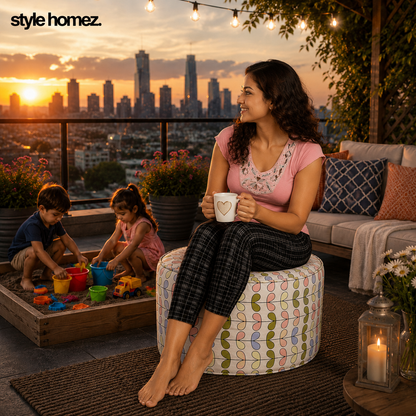 Style Homez Round Ottoman, Cotton Canvas Abstract Printed Bean Bag Stool Large Size Filled with Beans, Multi Color
