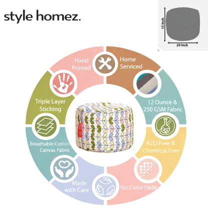 Style Homez Round Ottoman, Cotton Canvas Abstract Printed Bean Bag Stool Large Size Filled with Beans, Multi Color