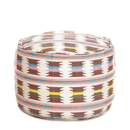 Style Homez Round Ottoman, Cotton Canvas IKAT Printed Bean Bag Stool Large Size Filled with Beans Fillers, Maroon Yellow Color