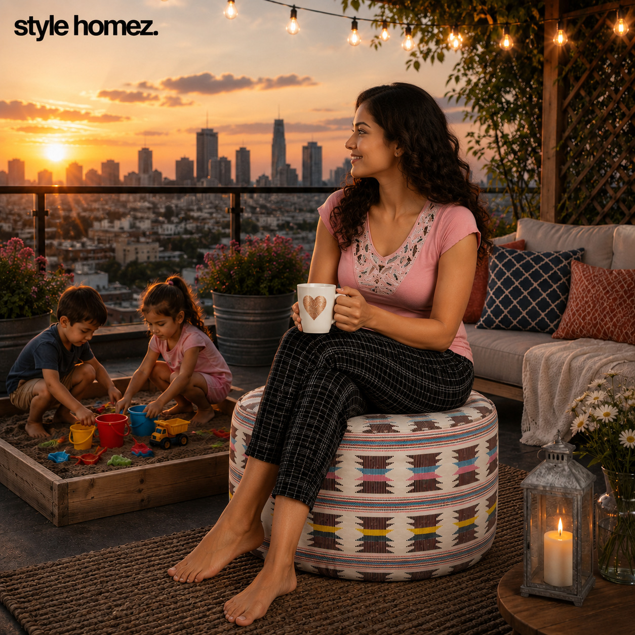 Style Homez Round Ottoman, Cotton Canvas IKAT Printed Bean Bag Stool Large Size Filled with Beans Fillers, Maroon Yellow Color