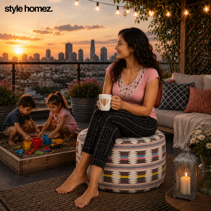 Style Homez Round Ottoman, Cotton Canvas IKAT Printed Bean Bag Stool Large Size Filled with Beans Fillers, Maroon Yellow Color