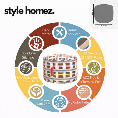 Style Homez Round Ottoman, Cotton Canvas IKAT Printed Bean Bag Stool Large Size Filled with Beans Fillers, Maroon Yellow Color