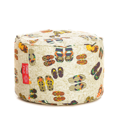Style Homez Round Ottoman, Cotton Canvas Abstract Printed Bean Bag Stool Large Size Filled with Beans, Multi Color