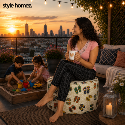 Style Homez Round Ottoman, Cotton Canvas Abstract Printed Bean Bag Stool Large Size Filled with Beans, Multi Color