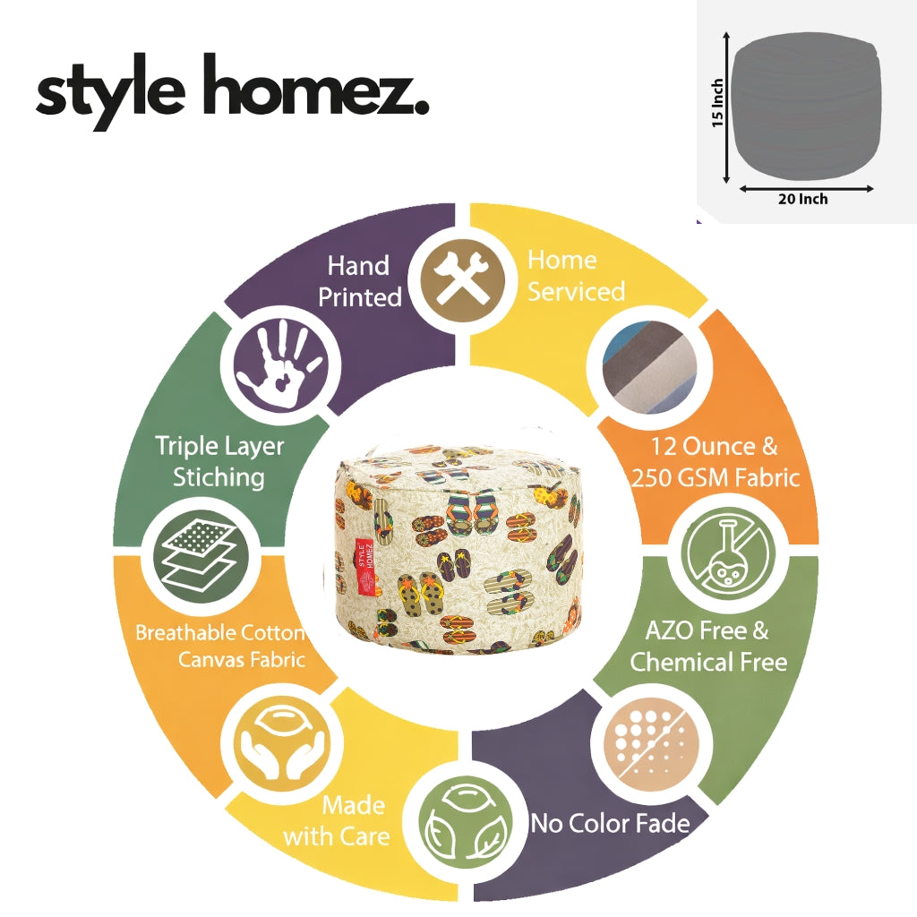 Style Homez Round Ottoman, Cotton Canvas Abstract Printed Bean Bag Stool Large Size Filled with Beans, Multi Color