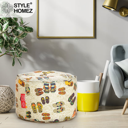Style Homez Round Ottoman, Cotton Canvas Abstract Printed Bean Bag Stool Large Size Filled with Beans, Multi Color