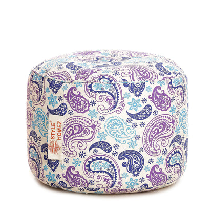 Style Homez Round Ottoman, Cotton Canvas Paisley Printed Bean Bag Stool Large Size Filled with Beans Fillers, Blue Color