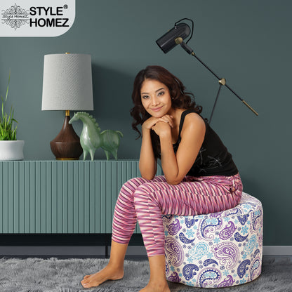 Style Homez Round Ottoman, Cotton Canvas Paisley Printed Bean Bag Stool Large Size Filled with Beans Fillers, Blue Color