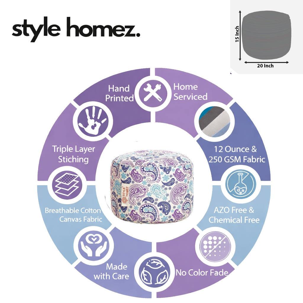 Style Homez Round Ottoman, Cotton Canvas Paisley Printed Bean Bag Stool Large Size Filled with Beans Fillers, Blue Color