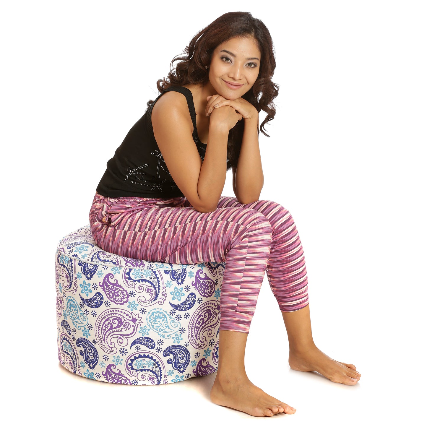 Style Homez Round Ottoman, Cotton Canvas Paisley Printed Bean Bag Stool Large Size Filled with Beans Fillers, Blue Color