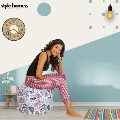 Style Homez Round Ottoman, Cotton Canvas Paisley Printed Bean Bag Stool Large Size Filled with Beans Fillers, Blue Color