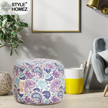 Style Homez Round Ottoman, Cotton Canvas Paisley Printed Bean Bag Stool Large Size Filled with Beans Fillers, Blue Color