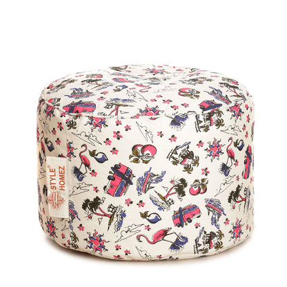 Style Homez Round Ottoman, Cotton Canvas Abstract Printed Bean Bag Stool Large Size Filled with Beans, Multi Color