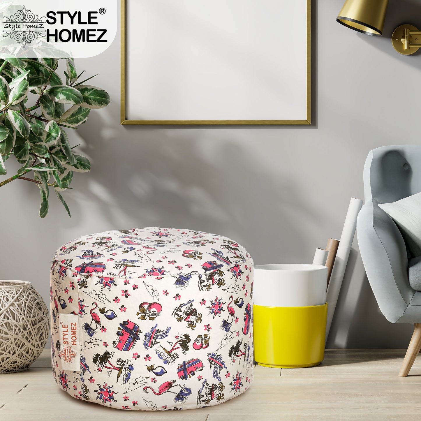Style Homez Round Ottoman, Cotton Canvas Abstract Printed Bean Bag Stool Large Size Filled with Beans, Multi Color