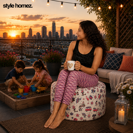 Style Homez Round Ottoman, Cotton Canvas Abstract Printed Bean Bag Stool Large Size Filled with Beans, Multi Color