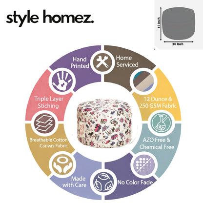 Style Homez Round Ottoman, Cotton Canvas Abstract Printed Bean Bag Stool Large Size Filled with Beans, Multi Color