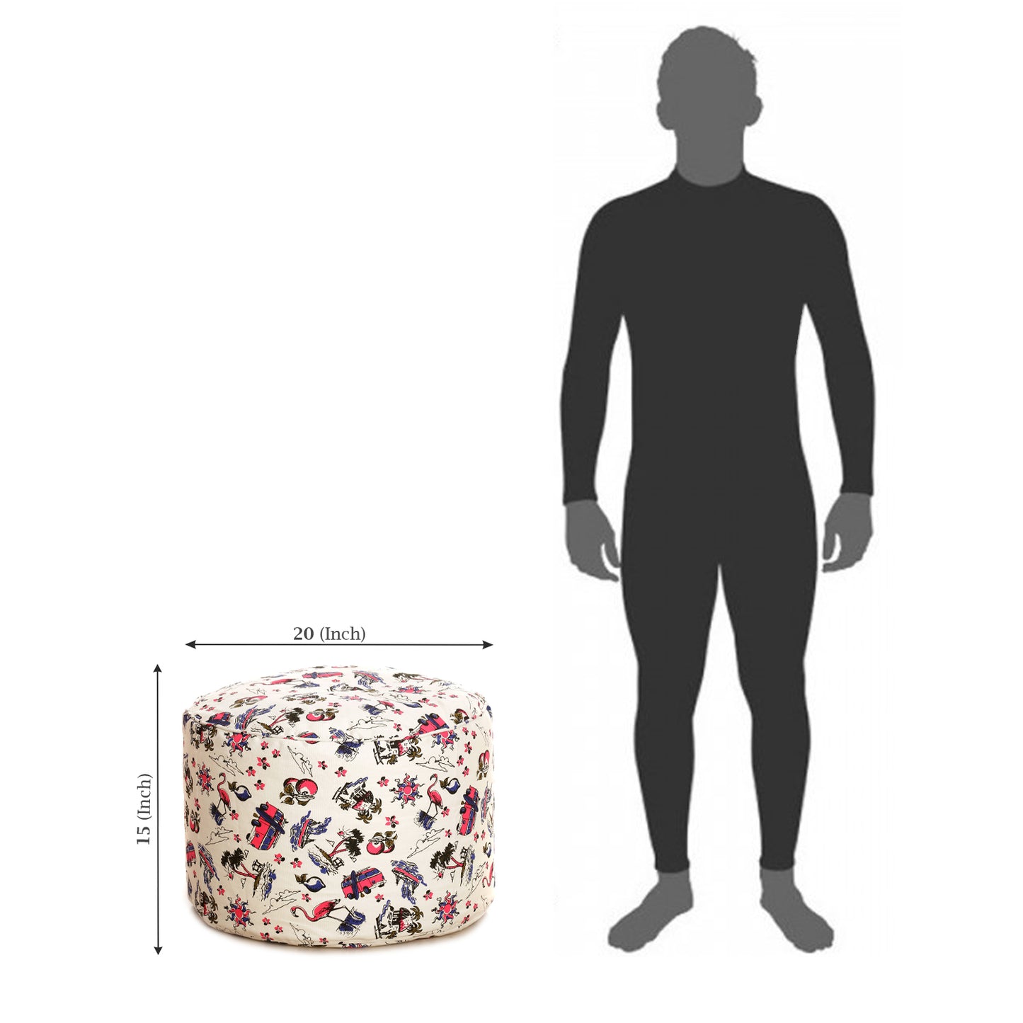 Style Homez Round Ottoman, Cotton Canvas Abstract Printed Bean Bag Stool Large Size Filled with Beans, Multi Color