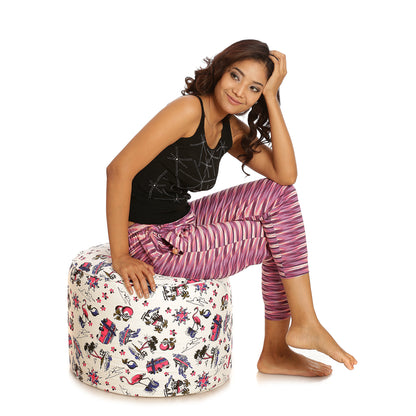 Style Homez Round Ottoman, Cotton Canvas Abstract Printed Bean Bag Stool Large Size Filled with Beans, Multi Color