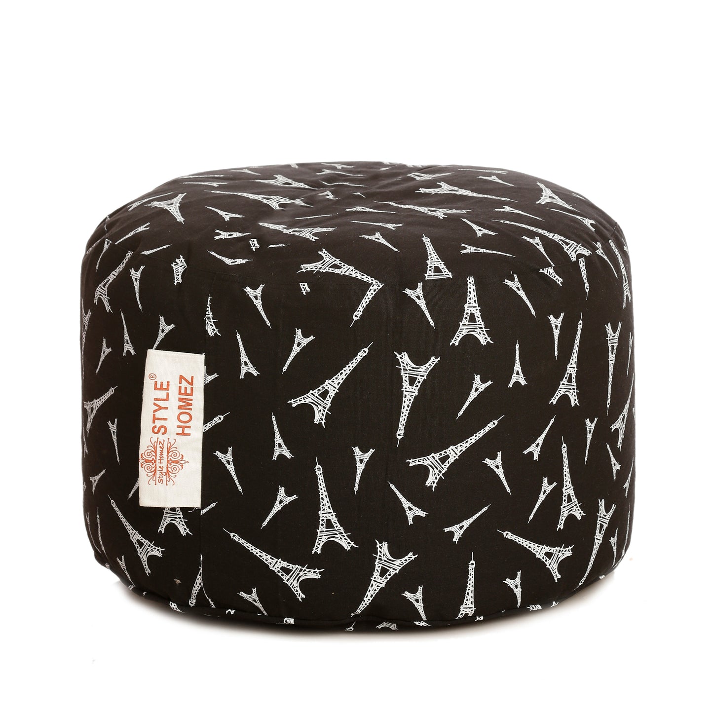 Style Homez Round Ottoman, Cotton Canvas Abstract Printed Bean Bag Stool Large Size Filled with Beans Fillers, Black Color
