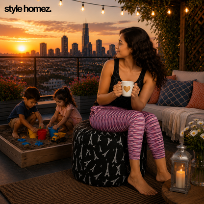 Style Homez Round Ottoman, Cotton Canvas Abstract Printed Bean Bag Stool Large Size Filled with Beans Fillers, Black Color