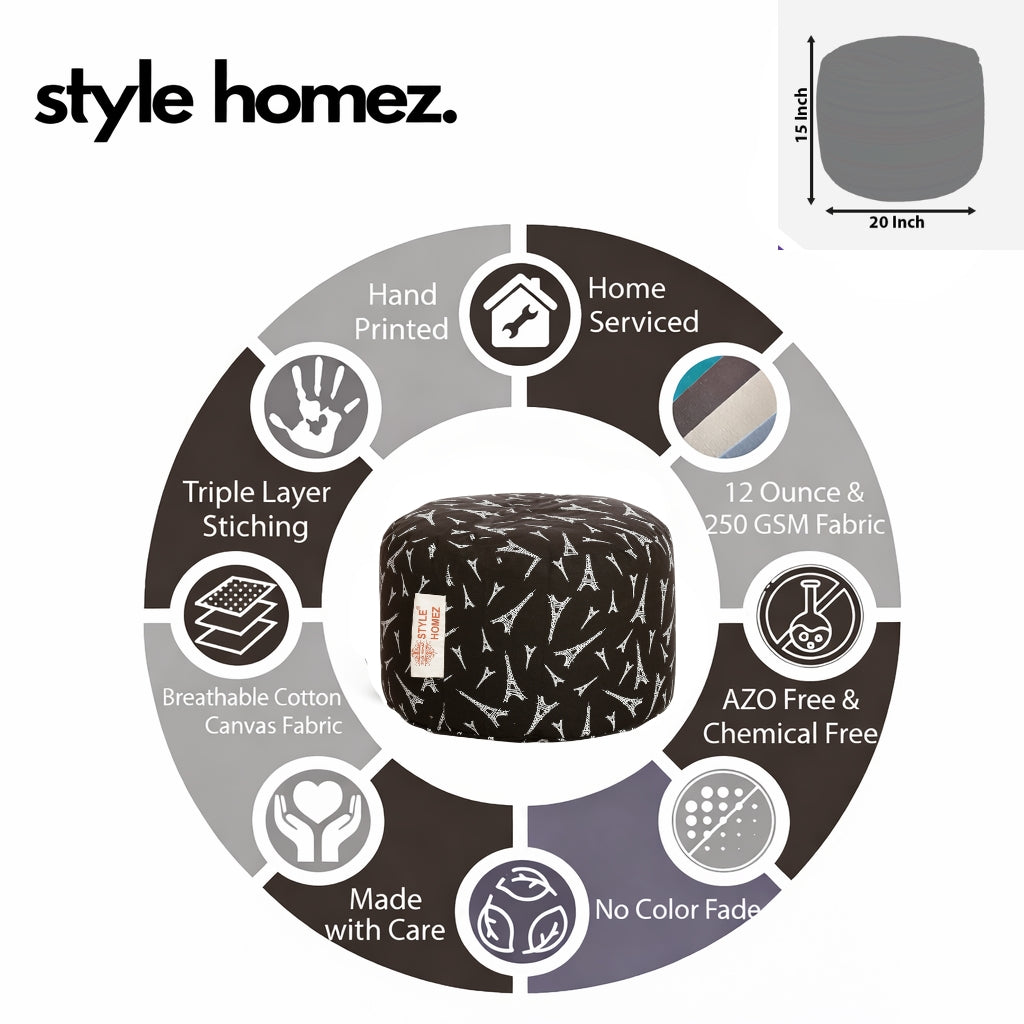 Style Homez Round Ottoman, Cotton Canvas Abstract Printed Bean Bag Stool Large Size Filled with Beans Fillers, Black Color